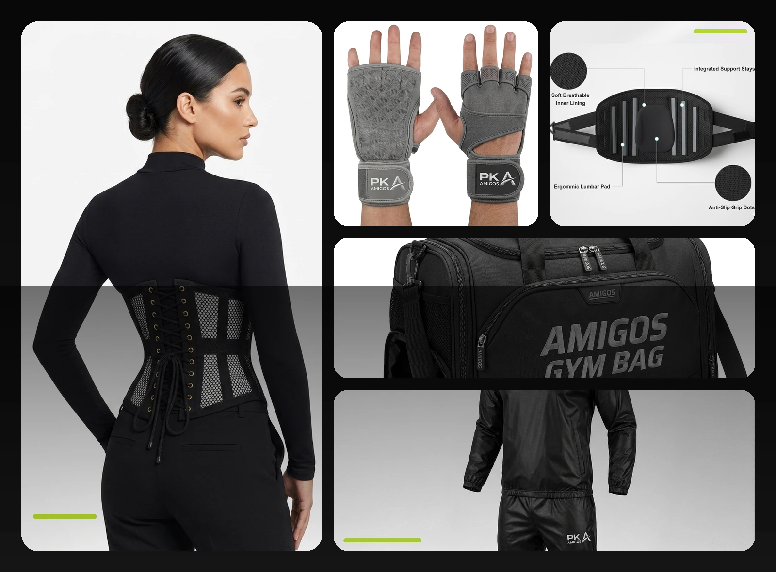 PK Amigos product range across corsets, gloves, supports, apparel and accessories